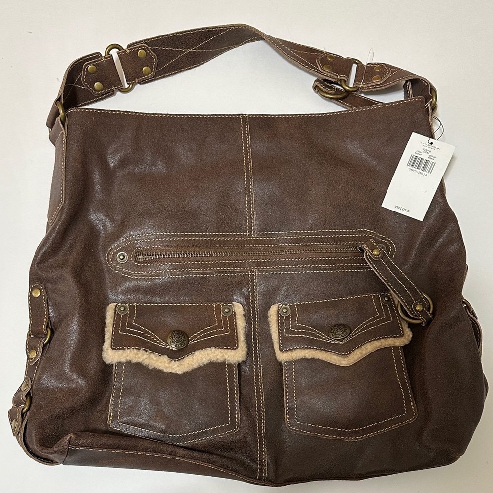 Via Spiga Brown Distressed Leather Hobo Handbag Sherpa Trim Pockets